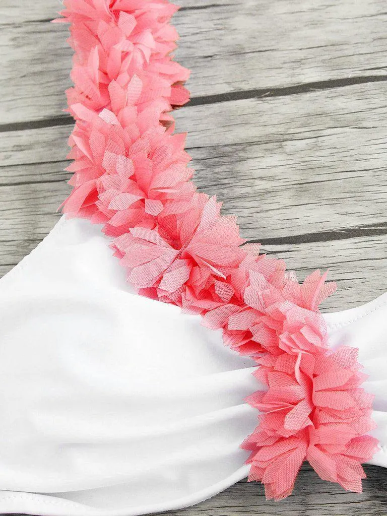 Contrast Flower Embellished One Shoulder Bikini Set