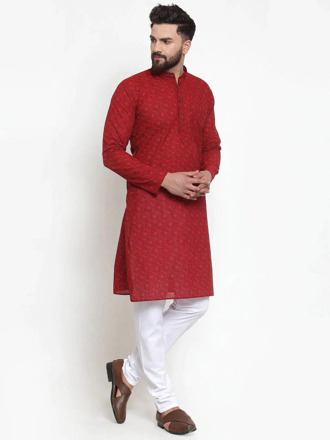 Men Red Printed Kurta With White Churidar