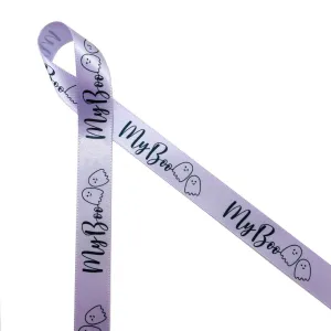 My Boo Halloween ribbon with black script and sweet ghost printed on 5/8" lavender satin