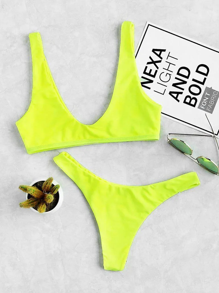Neon Plunge Neckline High Leg Bikini Set