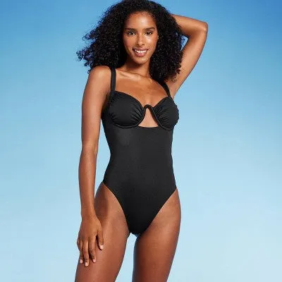 New - Shade & Shore Women's Underwire One Piece Swimsuit High Leg, Black Shine 38DD
