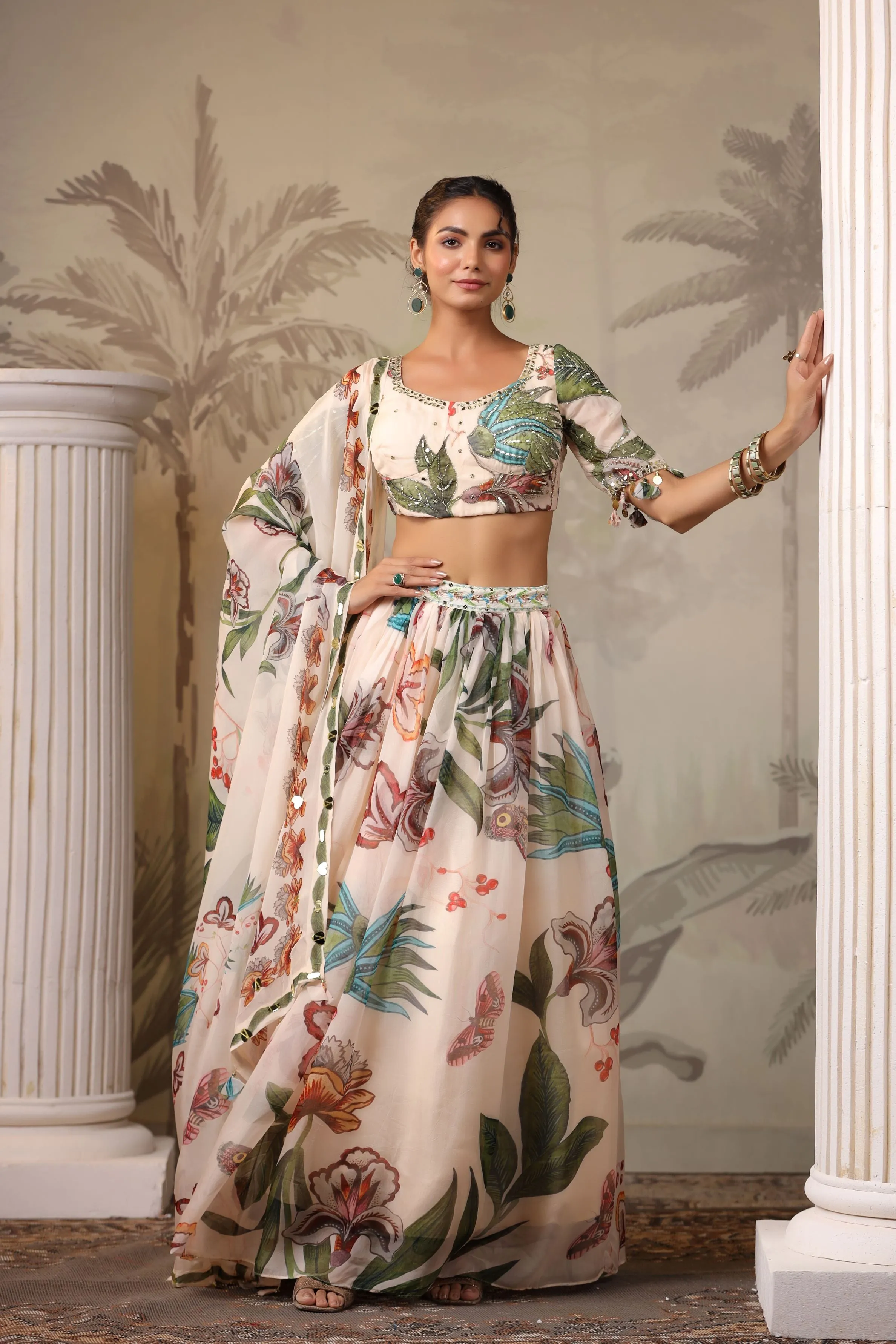 Chic Pale Champagne Silk Lehenga Set with Floral Print on Lightweight Organza Fabric