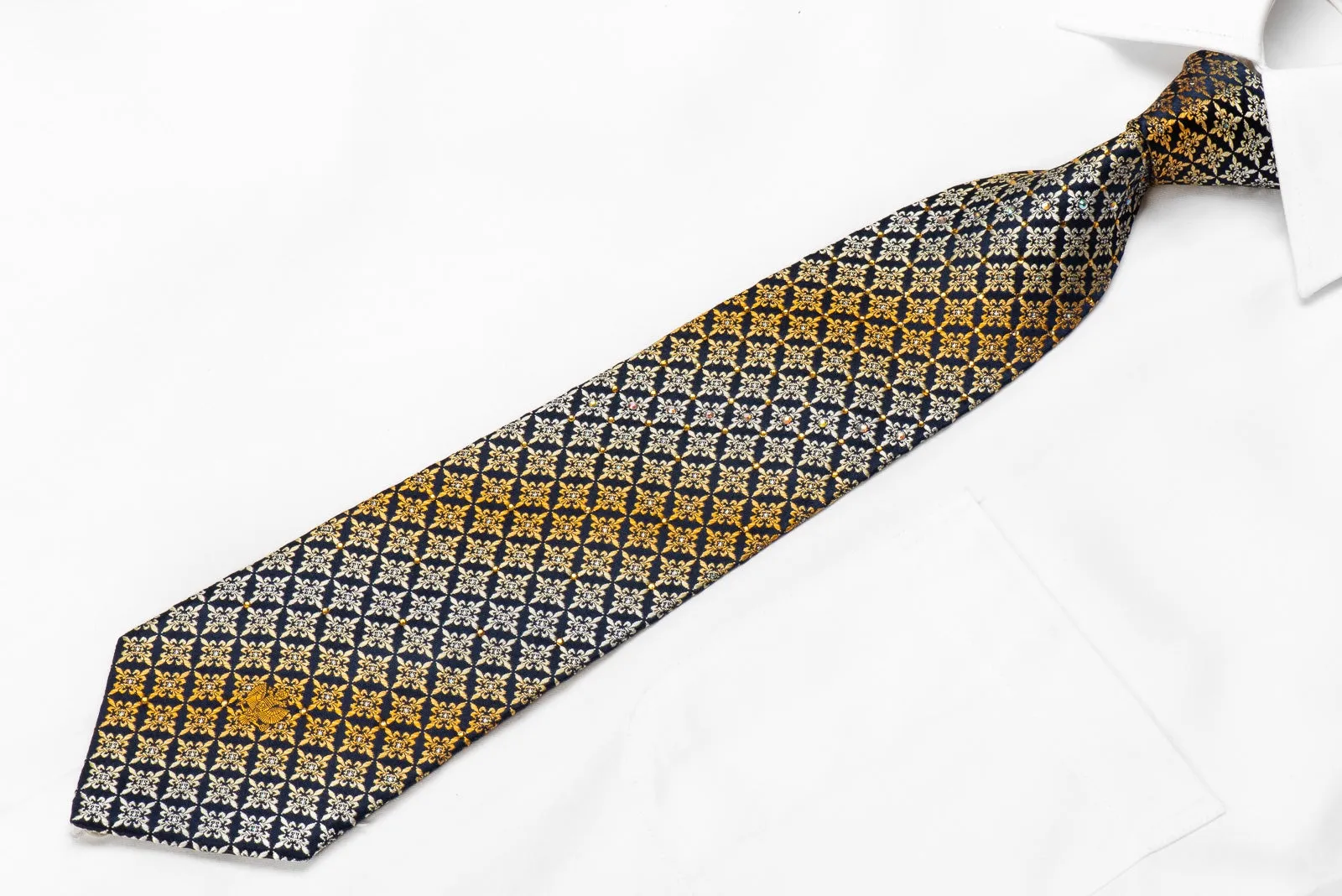Renoma Men's Crystal Silk Necktie Fleur-de-lis Cartouche On Navy With Silver Sparkles