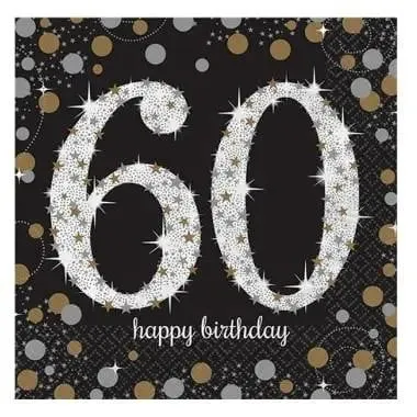 Sparkling Black 60th Napkins - Lunch 16 Pkt