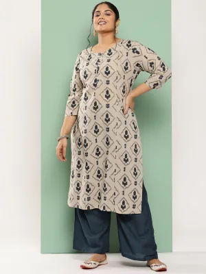 Women Plus Size Beige Pure Cotton Kurta Set