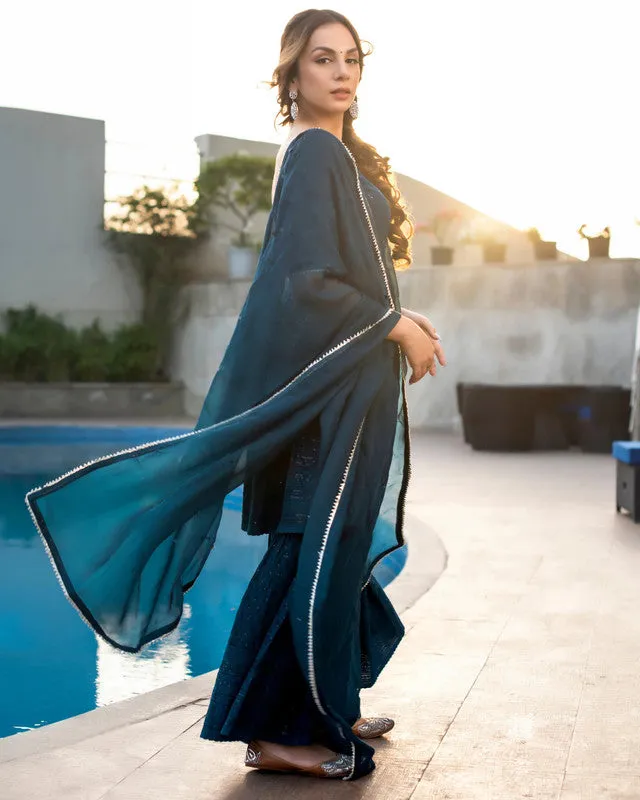 Women's Blue Embroidered Cotton Kurta Sharara Set With Dupatta