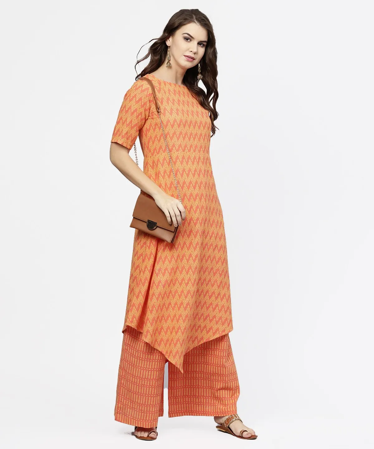 Yellow & Peach Printed Half Sleeve Cotton Assymetric Kurta With Ankle Length Palazzo