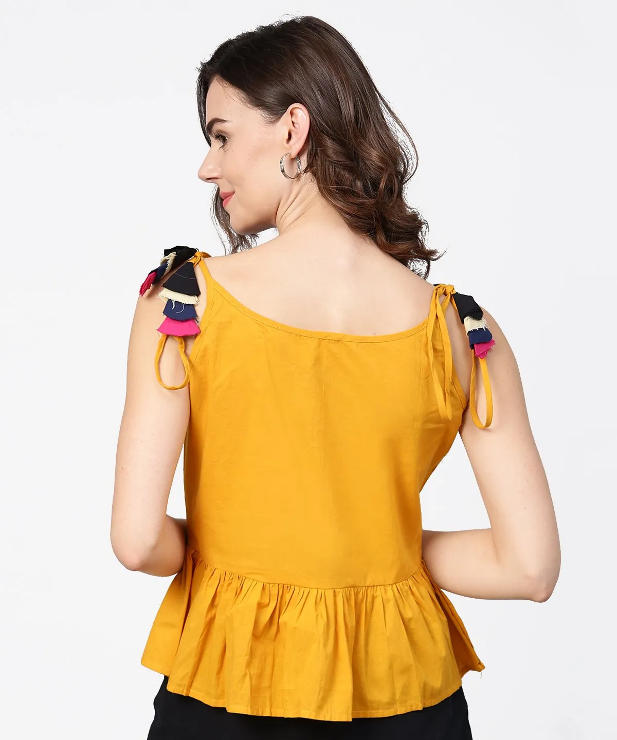 Yellow Yoke Design Cotton Tops With Dori Work At Shoulder